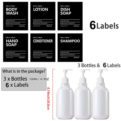 3 Pack 500ml Soap Dispenser Bottles with Labels – Kitchen & Bathroom Shampoo, Conditioner, Liquid Soap Containers