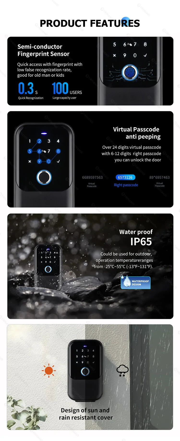YRHAND TTlock Smart Fingerprint Lock Box – Digital Password, IC Card, Tuya Electronic Portable IP66 Security for Smart Home