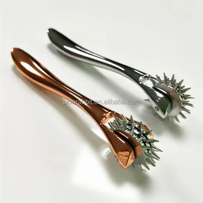BDSM Mini Wartenberg Pinwheel — Sensation Fetish Spiked Metal Wheel with Sheath, Three-Wheel Design