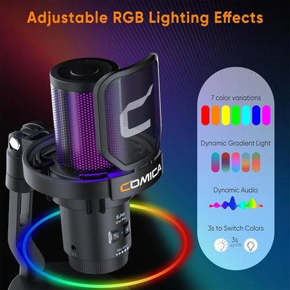 COMICA Uni Pro Wireless USB Gaming Microphone – Noise-Canceling Condenser Mic with RGB Lights for PC, Laptop & Smartphone