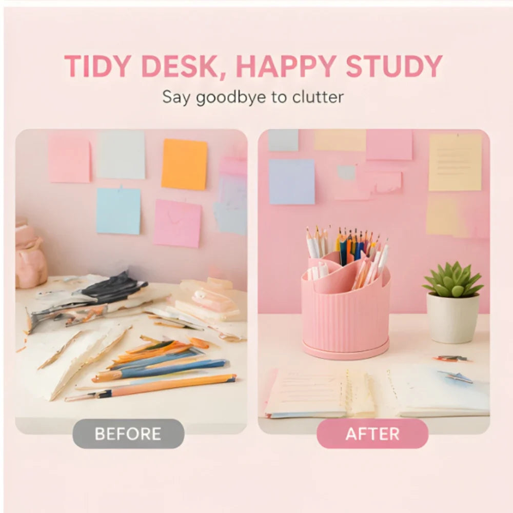360° Rotating Pen Holder Organizer - 5 Compartment Candy Color Desk Storage Box for Kids, School & Office