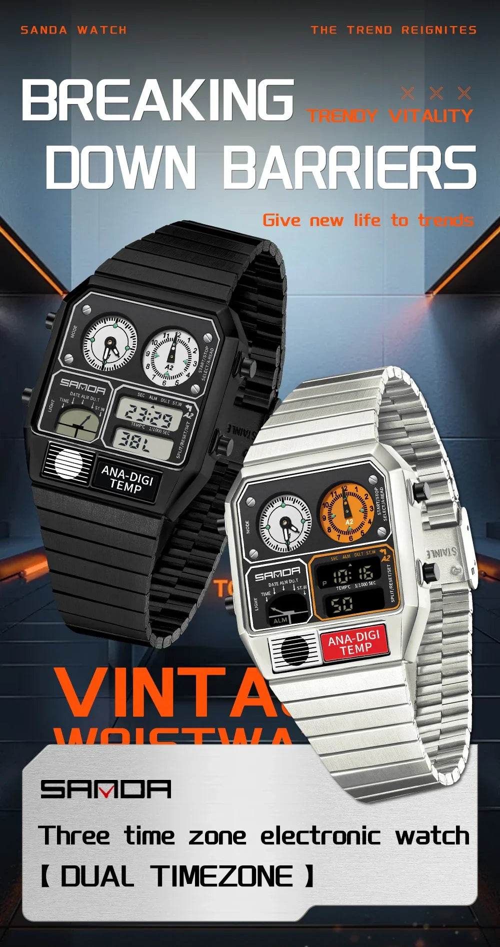 SANDA 3192 Men's LED Square Watch with Thermometer, Stopwatch & Chronograph – Multi-function Casual Timepiece for Youth   2/2