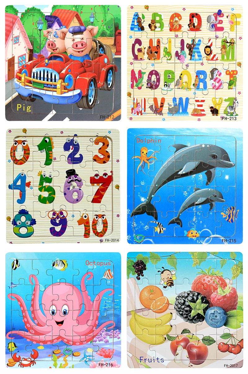 20-Piece Wooden Puzzle Set — Cartoon Animals, Cars, Letters & Numbers Educational Jigsaw Toys for Kids