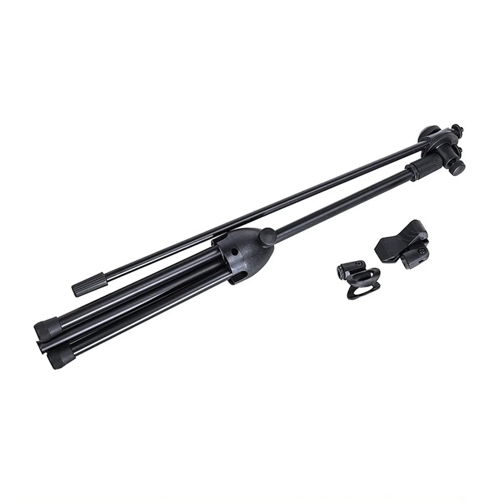 Adjustable Tripod Microphone Stand – Boom Mic Stand with Dual Mic Clip Holder, Collapsible Studio Mic Bracket for Recording & Live Use