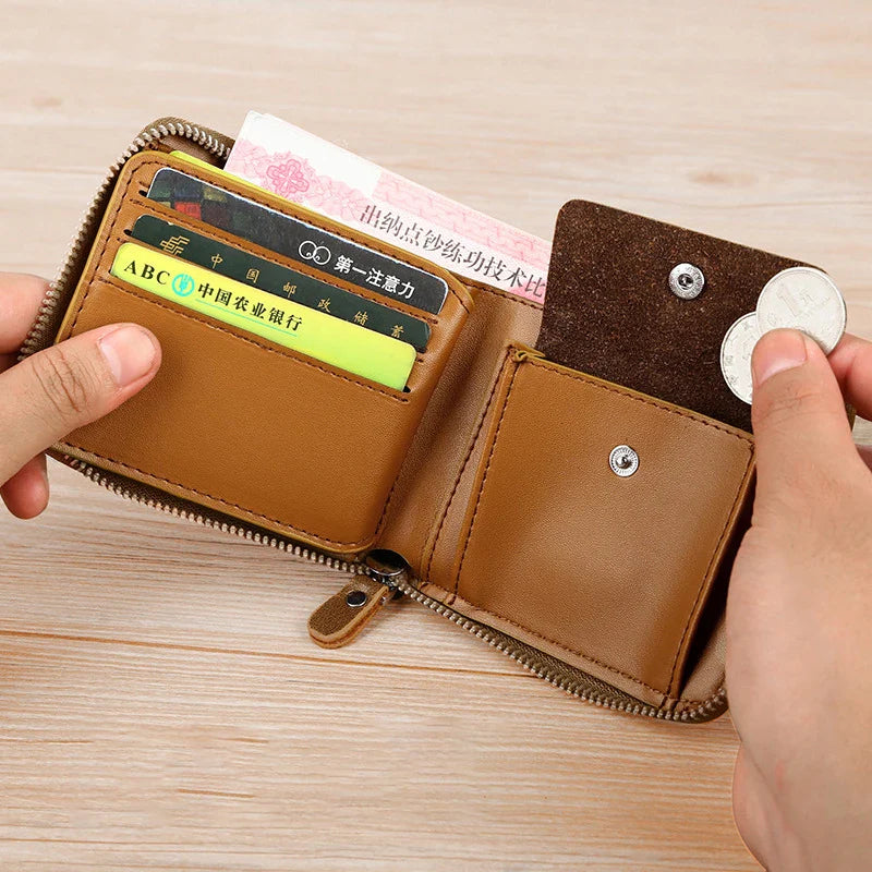 Luxury Leather Men's Wallet – RFID Zipper Card Holder with Coin Pocket, Perfect Gift for Men