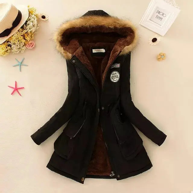 2024 Women's Winter Cotton Jacket – Slim Fit Hooded Parka, Embroidered Padded Warm Casual Overcoat
