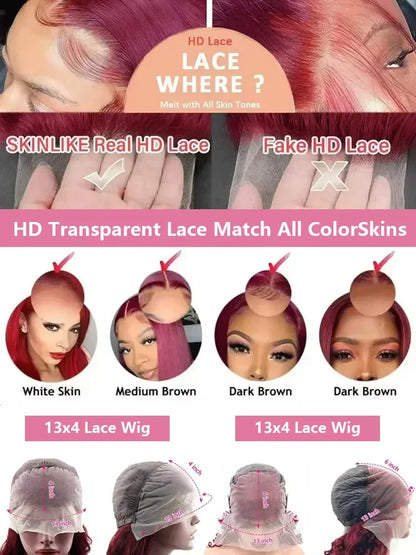 99J Burgundy Deep Wave Lace Front Wig – High Density Curly Red 13x6 HD Transparent Frontal Human Hair