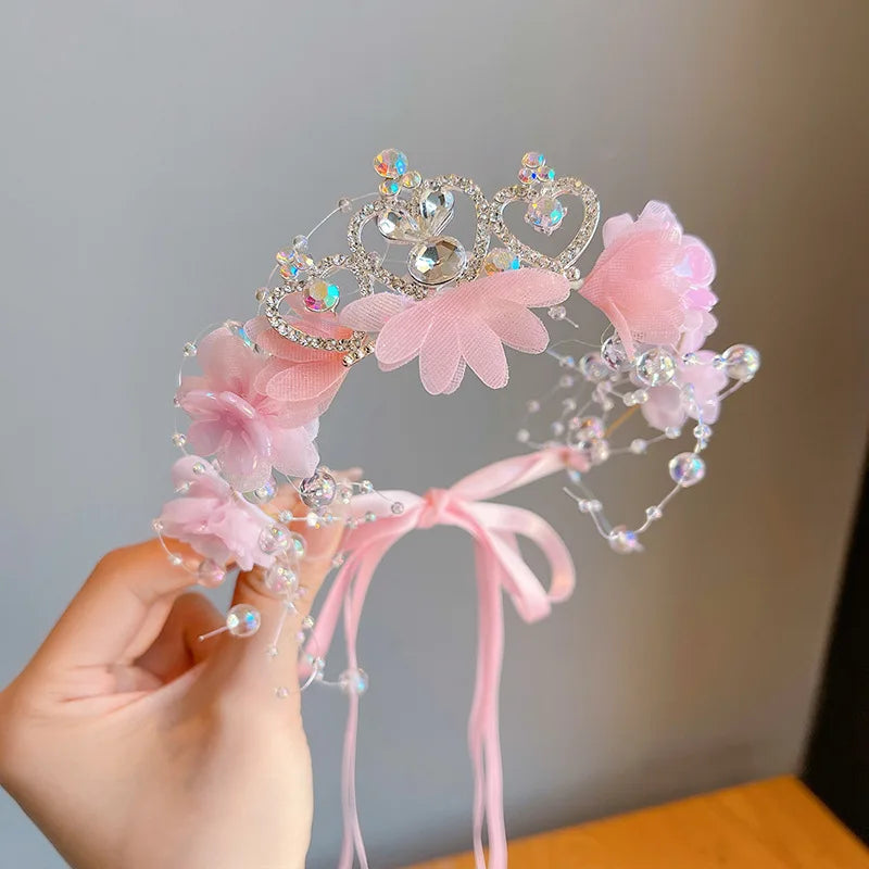 Girls Flower Wreath Crown - Rhinestone Fairy Princess Headband for Weddings & Birthdays