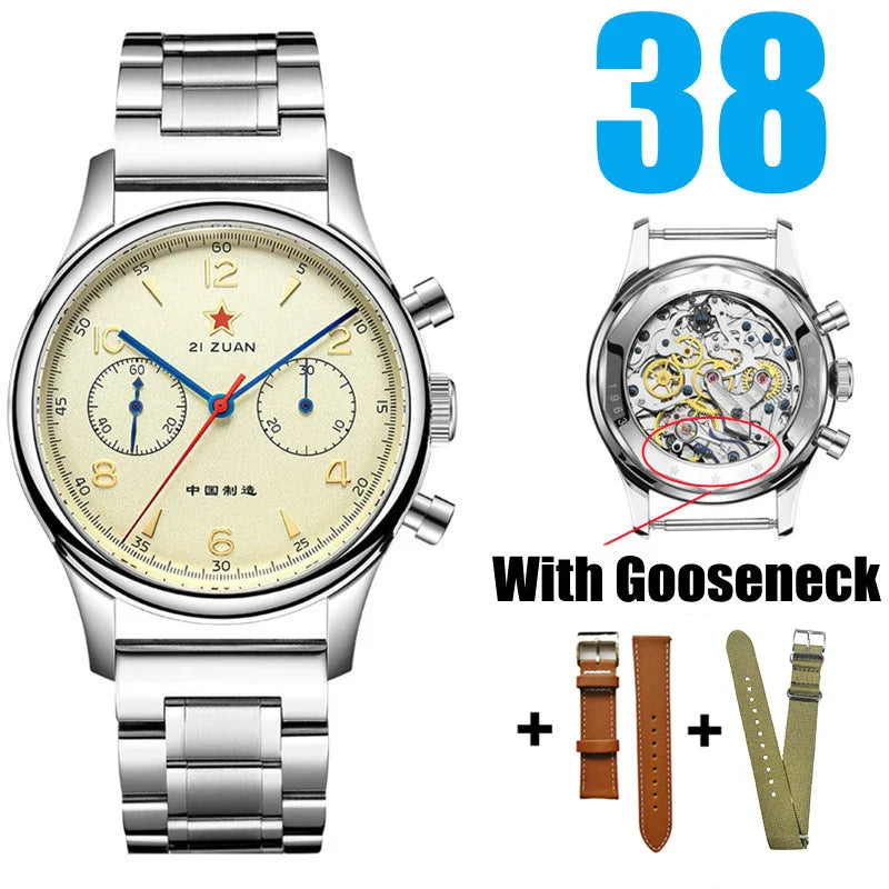 RED STAR 38mm Men's 1963 Chronograph Mechanical Watch – Pilot Air Force Aviation with Seagull ST1901 Movement & Sapphire Glass
