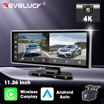 11.26" 4K Car DVR Dash Cam — Wireless CarPlay & Android Auto, Dual Lens Video Recorder with AI Screen, GPS Navigation, HD Dashboard Monitor