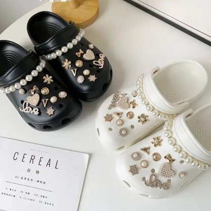 22Pcs Luxury Shoe Charms Set - Pearl Chain Designer Accessories for Sandals, Clogs & DIY Shoe Decorations