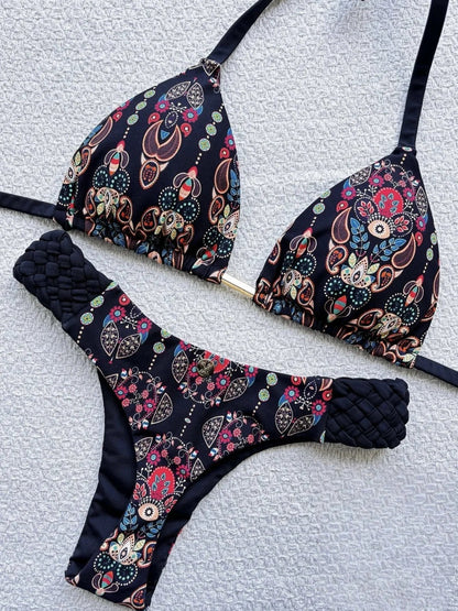 RUOTONSEPT Women’s Print Halter Bikini Set - High Cut Mini Thong Two-Piece Swimsuit Beach Swimwear