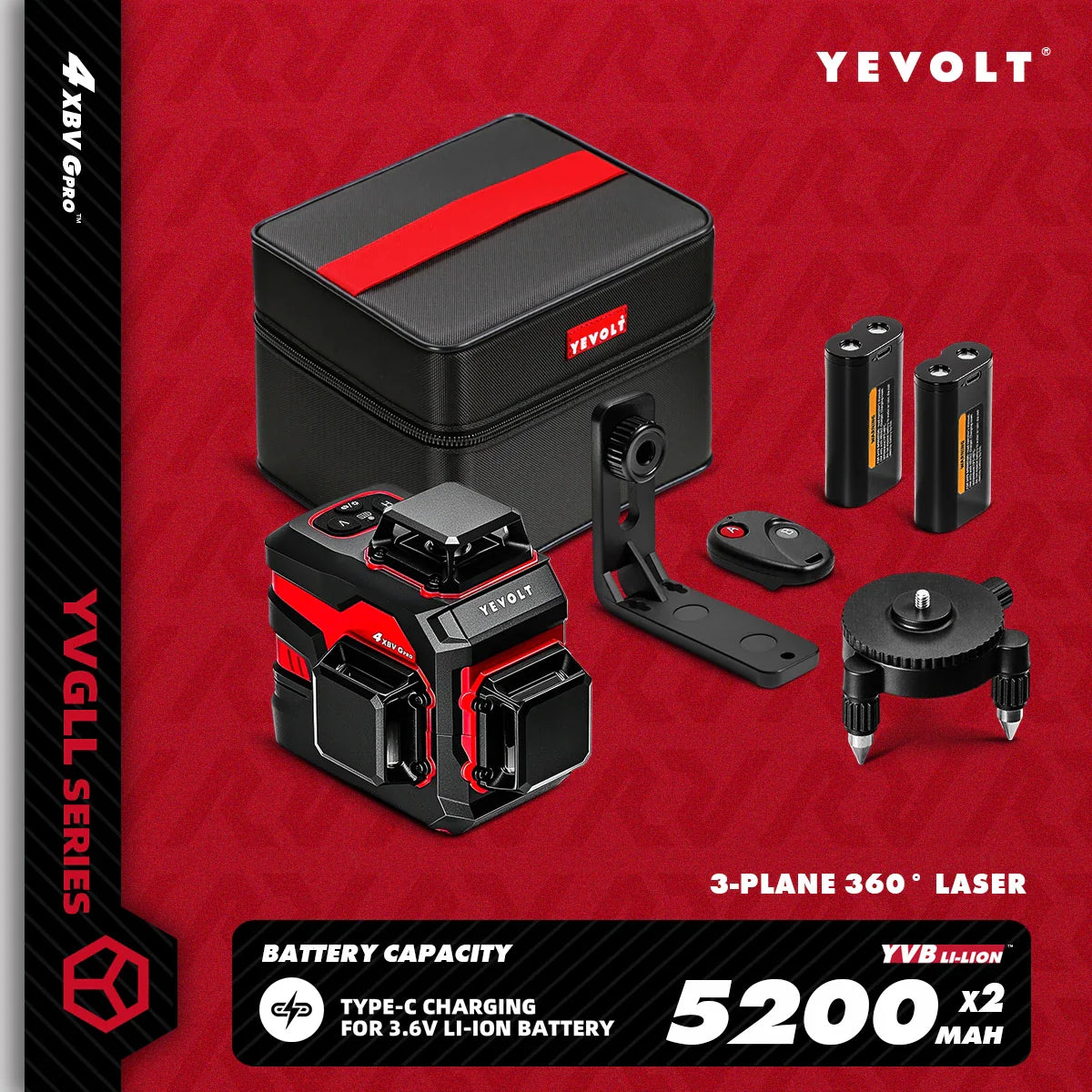 YEVOLT YVGLL4XS12 12-Line Green Laser Level – ±0.2mm/m Precision, IP54 Waterproof, Auto-Leveling with Slope Mode