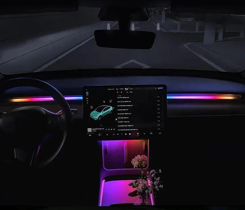 2-in-1 Dynamic Neon RGB Car LED Ambient Lighting – Auto OFF 60s Module for Tesla Model 3 & Y Dashboard Decoration