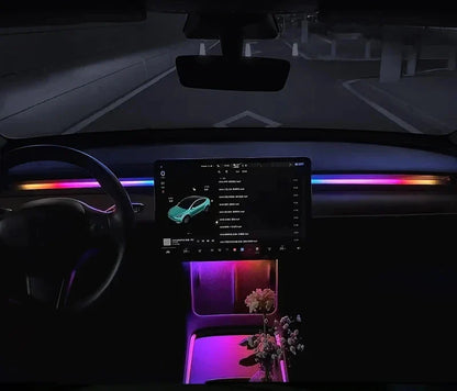 2-in-1 Dynamic Neon RGB Car LED Ambient Lighting – Auto OFF 60s Module for Tesla Model 3 & Y Dashboard Decoration