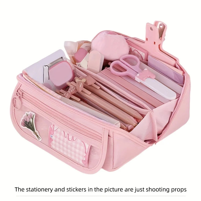 Large Capacity Multi-Compartment Pencil Case Organizer – Desktop School & Office Storage Bag in Pink, Purple & Black