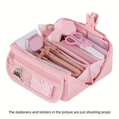 Large Capacity Multi-Compartment Pencil Case Organizer – Desktop School & Office Storage Bag in Pink, Purple & Black