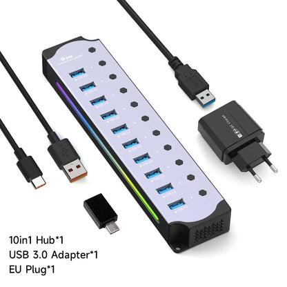 10-in-1 USB 3.0 Powered Hub — RGB E-Marker with Individual Switches & Heat Dissipation, DC 5V Adapter