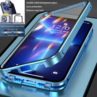 360° Full Protection Magnetic Metal Phone Case - Double-Sided Glass Cover with Lock Buckle for iPhone 11-16 Pro Max