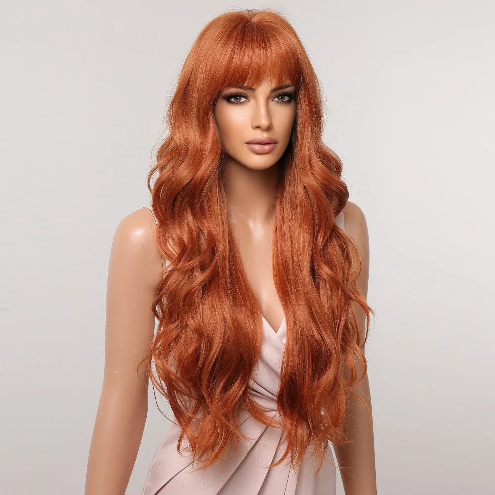 Orange Copper Ginger Long Wavy Synthetic Wig – Red & Yellow Wig with Bangs, Cosplay Body Wave, Heat-Resistant Hair for Women