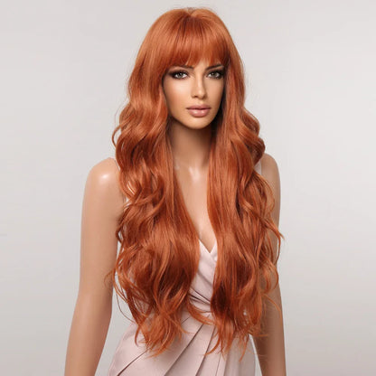 Orange Copper Ginger Long Wavy Synthetic Wig – Red & Yellow Wig with Bangs, Cosplay Body Wave, Heat-Resistant Hair for Women