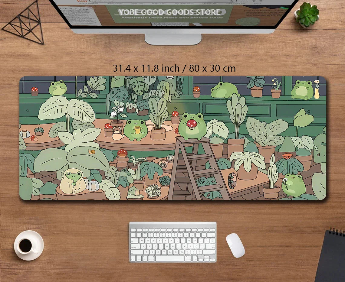 Kawaii Frogs XXL Desk Mat – Cute Anime Aesthetic Gaming Mousepad, Green Nature & Lofi Plant Extended Mouse Pad