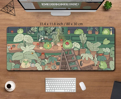 Kawaii Frogs XXL Desk Mat – Cute Anime Aesthetic Gaming Mousepad, Green Nature & Lofi Plant Extended Mouse Pad