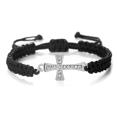 Crystal Cross Pendant Bracelet - Red & Black Braided Prayer Rope Jewelry Gift for Men & Women
