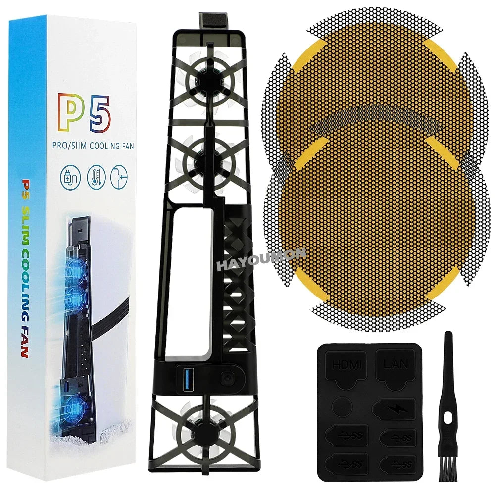 PS5 Slim / Pro Cooling Fan Stand with LED Lights – 3-Level USB 3.0 Hub Cooling System with Dust Cover Net for PS5 Console