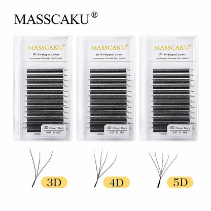 MASSCAKU 12 Lines Premium Mink 3D–6D W Shape Pre-Made Lash Extensions – Soft Natural False Eyelash Extension Supplies