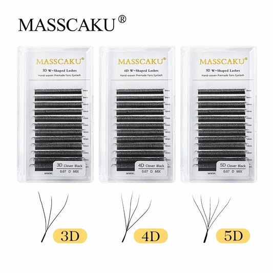 MASSCAKU 12 Lines Premium Mink 3D–6D W Shape Pre-Made Lash Extensions – Soft Natural False Eyelash Extension Supplies