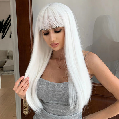 LOUIS FERRE Straight White Synthetic Wig – Long Natural Hair Wig with Bangs, Heat Resistant, Daily Wear for White Women