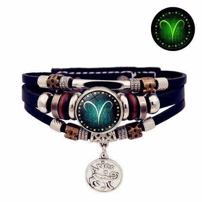 Starry Sky Zodiac Luminous Leather Bracelet - Multi-Layered Beaded Snap Closure for Men & Women, Friendship Bracelet