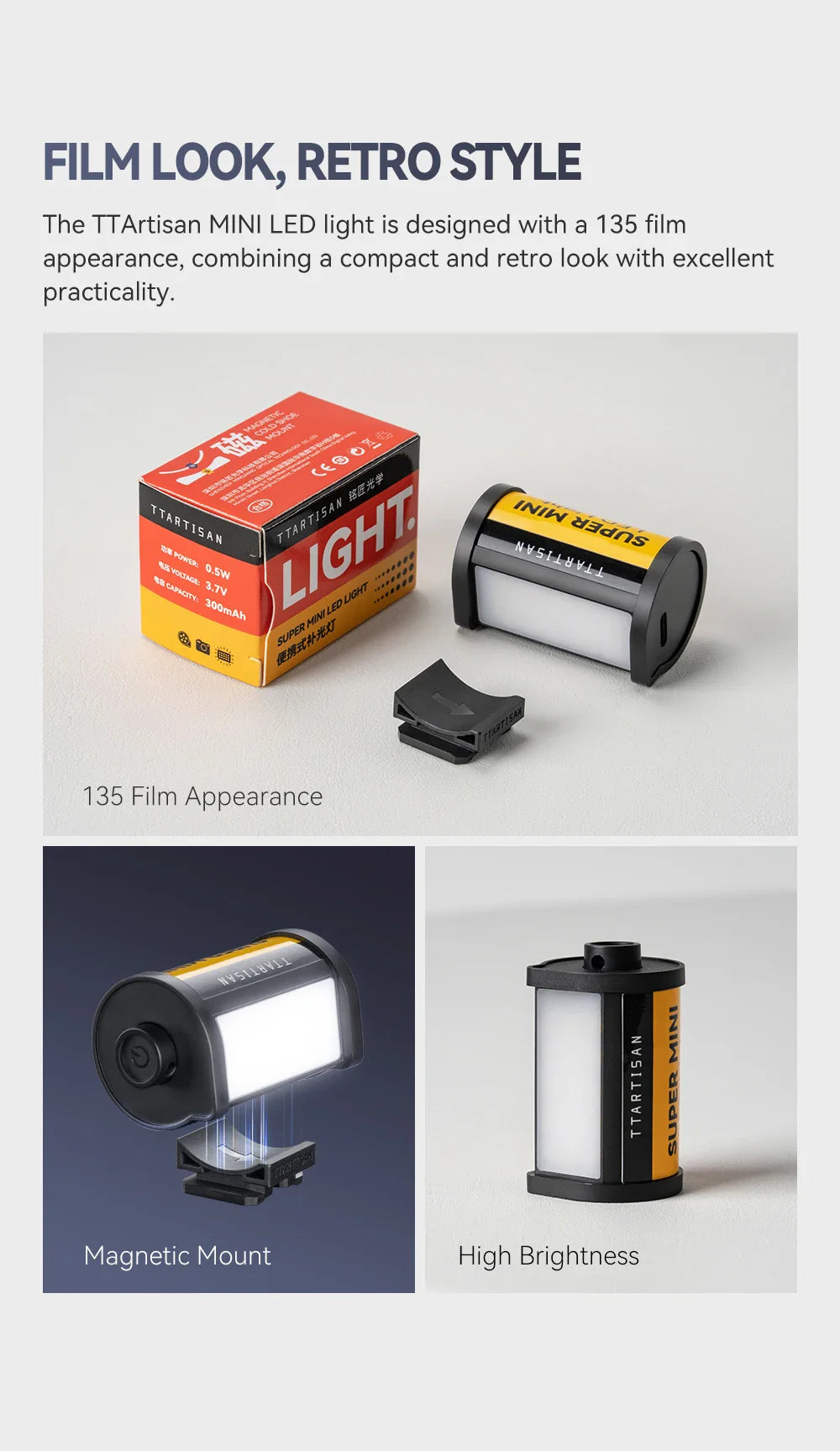 TTARTISAN Mini LED Fill Light - Magnetic Mount Retro Film Style Video Light, 0.5W, 3000/4500/6000K, CRI 95+, 300mAh Cold Shoe
