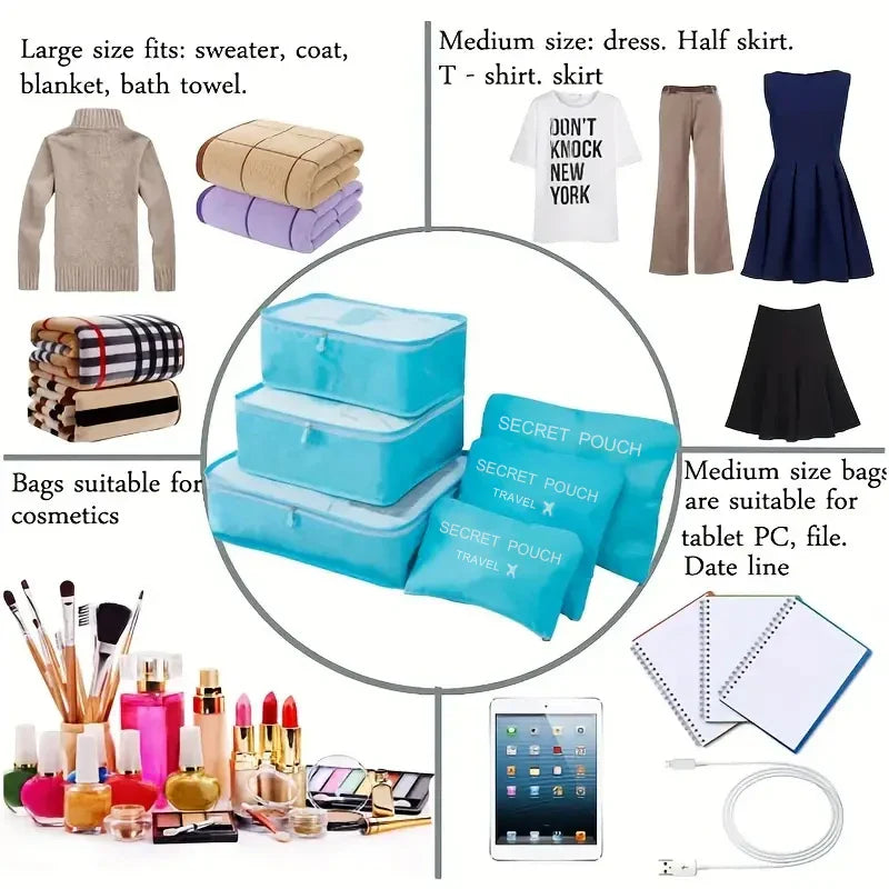 6 Pcs/Set Travel Storage Bags - Pink/Blue/Grey Waterproof Luggage, Clothing and Underwear Organizers with Zipper