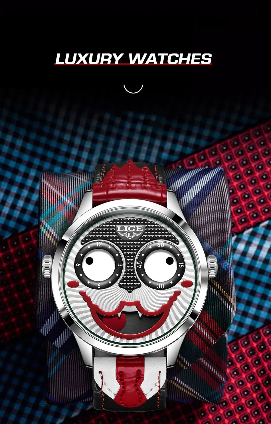 LIGE 2025 Men’s Creative Clown Quartz Watch – Waterproof Leather Strap Joker Fashion Wristwatch