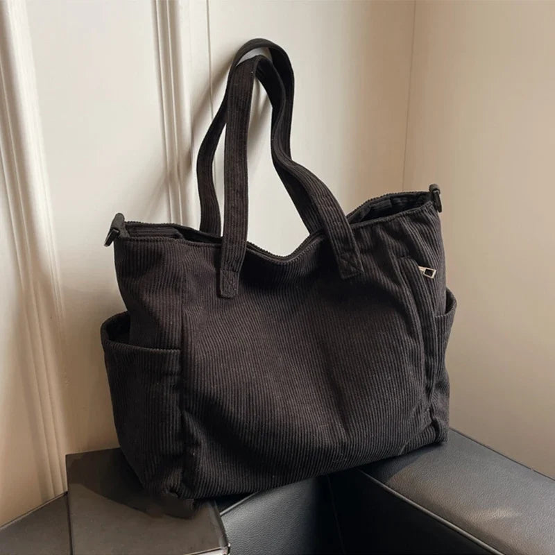 Corduroy Tote Bag - Women's Multi-Pocket Crossbody Shoulder Bag with Adjustable Strap