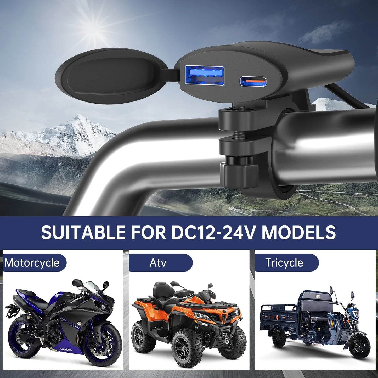 Extractme Motorcycle USB Charger: 30W QC3.0 Type C Charger - IP67 Waterproof with Handlebar Mounting Bracket for Moto Phone Charging