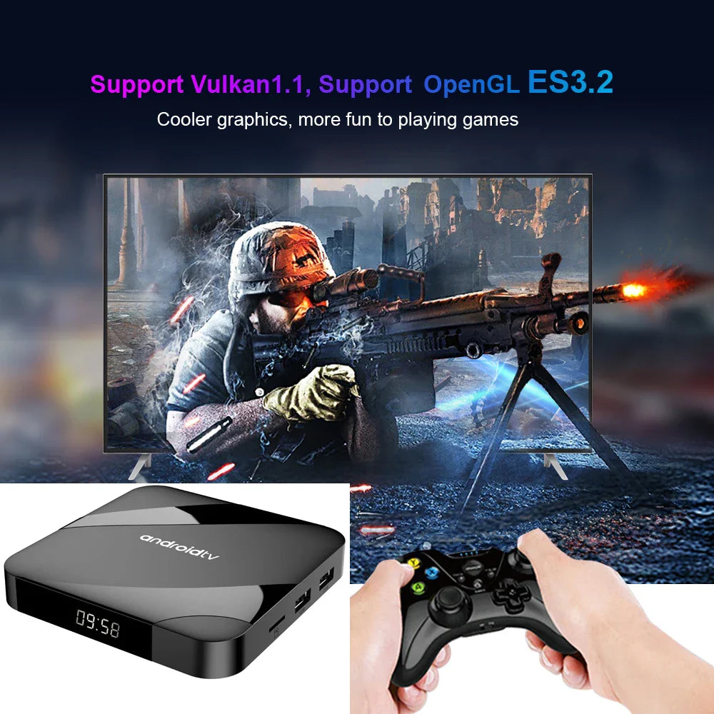 Android 14 TV Box 8K 4K Set Top — Bluetooth 5.2, 4GB RAM, 64GB Storage, S905W2 Quad Core, Dual WiFi, Voice Remote Media Player