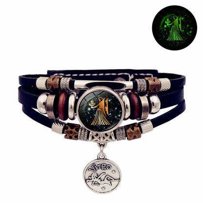 Luminous 12 Constellation Vintage Bracelet - Braided Punk Leather Glow-in-the-Dark for Men & Women, Birthday Gift