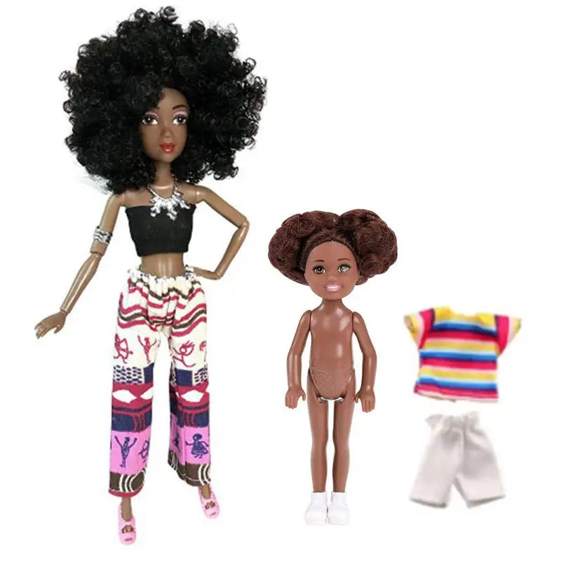 Kawaii African Girls Doll Set — 30cm Mother & 14cm Daughter with Clothes, DIY Kids Toy Birthday Gift