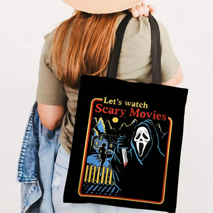 Halloween Funny Cartoon Horror Movie Tote Bag - Large Capacity Canvas Shoulder Bag, Perfect for Halloween Shopping & Festivals