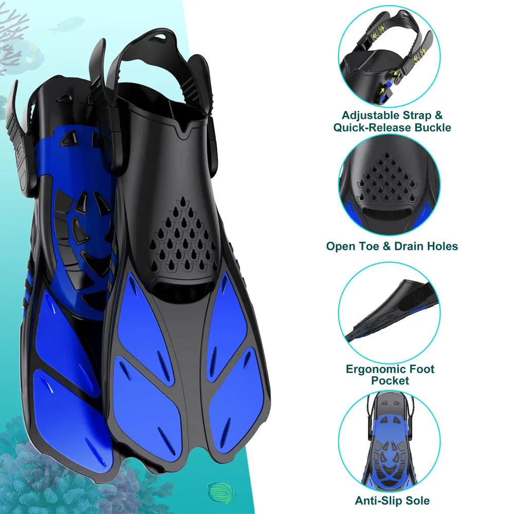Adjustable Snorkel Fins with Buckles - Short Silicone Swimming Flippers for Men and Women, Open Heel Travel Size