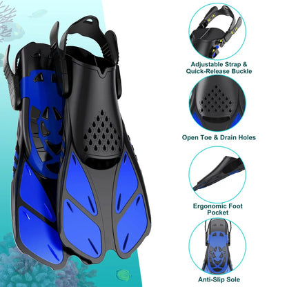 Adjustable Snorkel Fins with Buckles - Short Silicone Swimming Flippers for Men and Women, Open Heel Travel Size