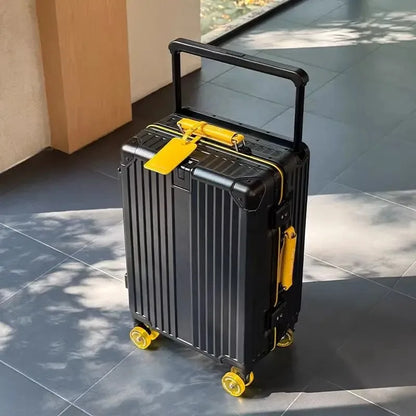 Aluminum Frame Rolling Luggage — Wide Handlebar Trolley Suitcase with Colorful Silent Spinner Wheels, TSA Lock & Large Capacity