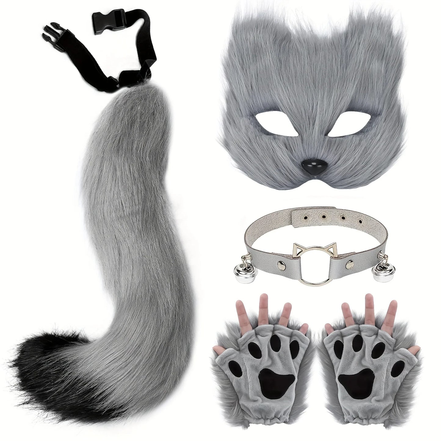 5pcs Fluffy Fur Fox Tail & Cat Paws Gloves Set — Wolf Mask Halloween Cosplay Costume Accessories for Theme Party Dress-Up