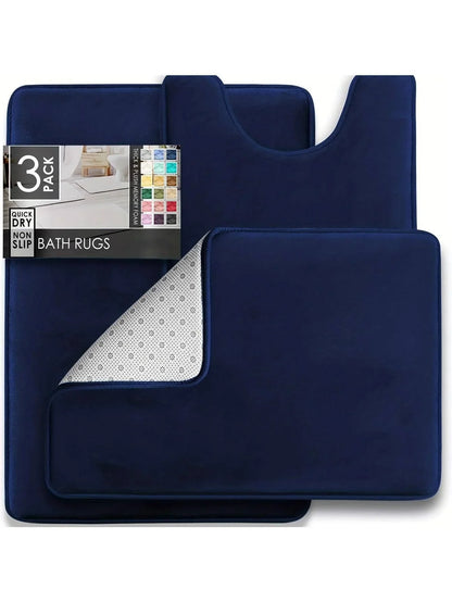 3PC Velvet Memory Foam Bathroom Rug Set - Ultra Soft, Non-Slip, Quick-Dry Machine Washable Bath Mats