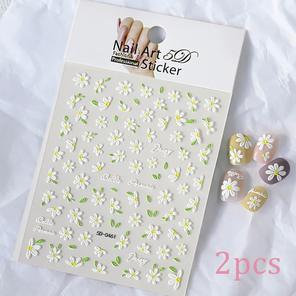 5D Daisy Nail Art Stickers - White Flower & Green Leaf Embossed Decals for DIY Spring Summer Nail Decoration