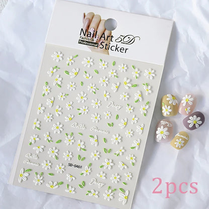 5D Daisy Nail Art Stickers - White Flower & Green Leaf Embossed Decals for DIY Spring Summer Nail Decoration