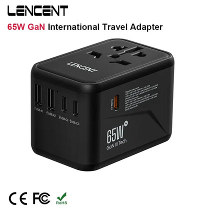 LENCENT 65W/100W GaN International Travel Adapter: 2 USB 3 Type C GaN Fast Charging Adapter with EU AU US UK Plug - Ideal for Travel